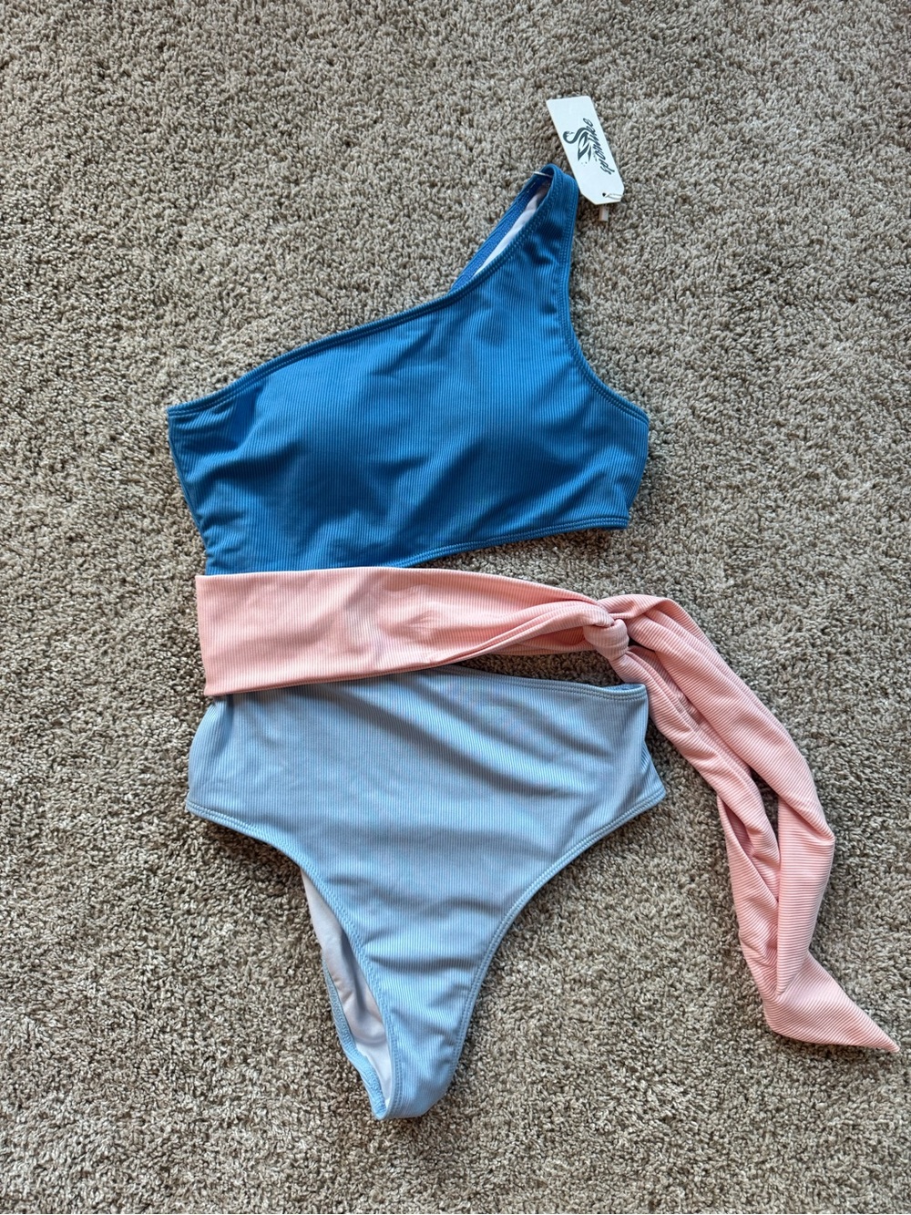 Womens Ribbed One-Shoulder Bikini Cutout High-Waist Tie Belt Swimsuit Size Large - Picture 2 of 8